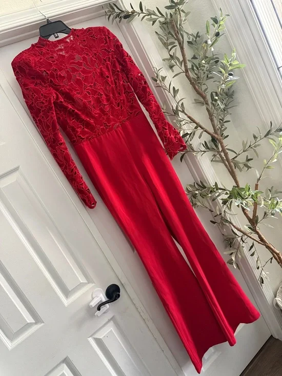 Nadine Merabi Eleanor Red Jumpsuit Long Sleeve Velvet  2 and 14 available - Picture 5 of 6